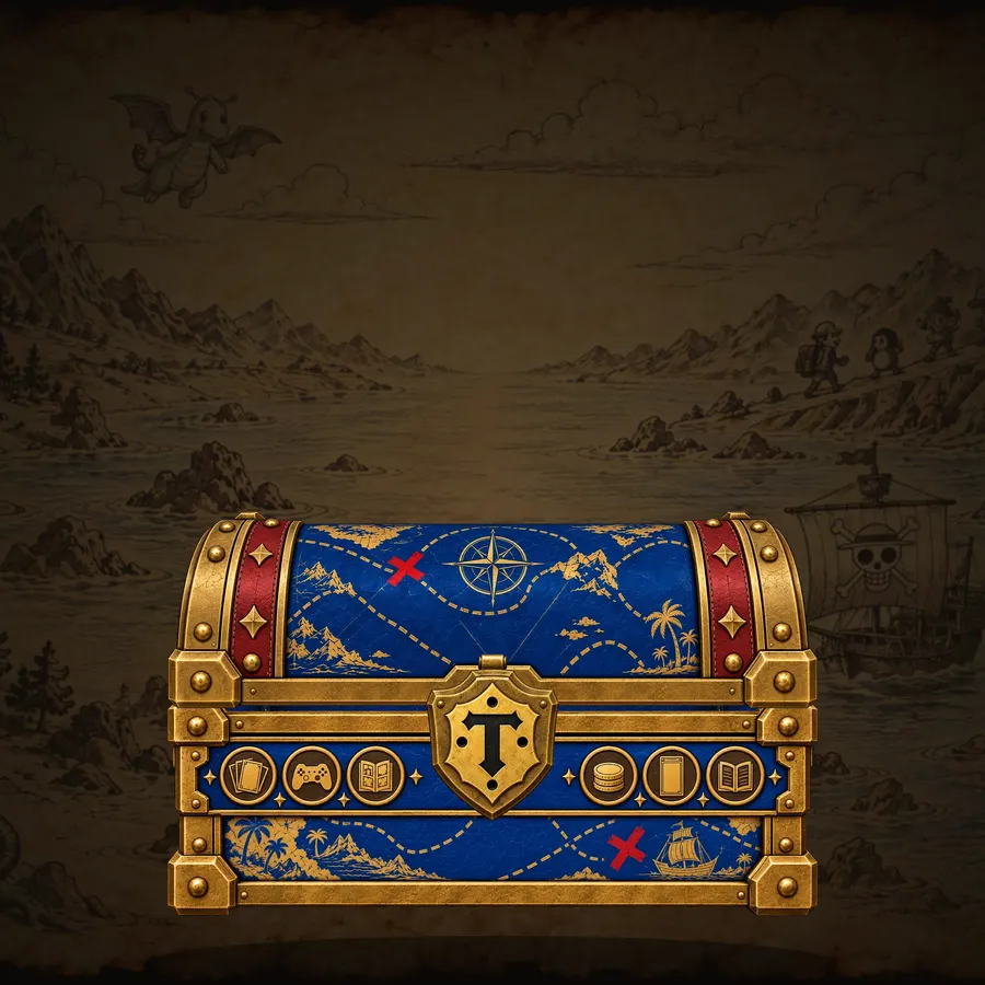 A Trezure chest, closed and locked, on the collector's atlas